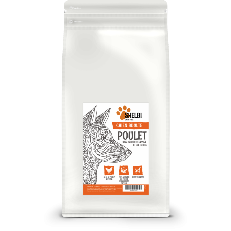 SHELBI Croquettes Sans Céréales Adulte Poulet avec de la Patate Douce et des Herbes